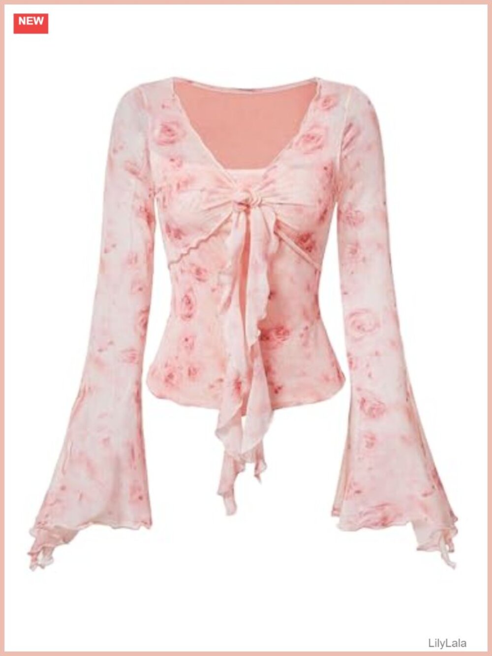 Y2K Floral Print Mesh Top V Neck Knot Front Bell Sleeve Ruffle Trim
